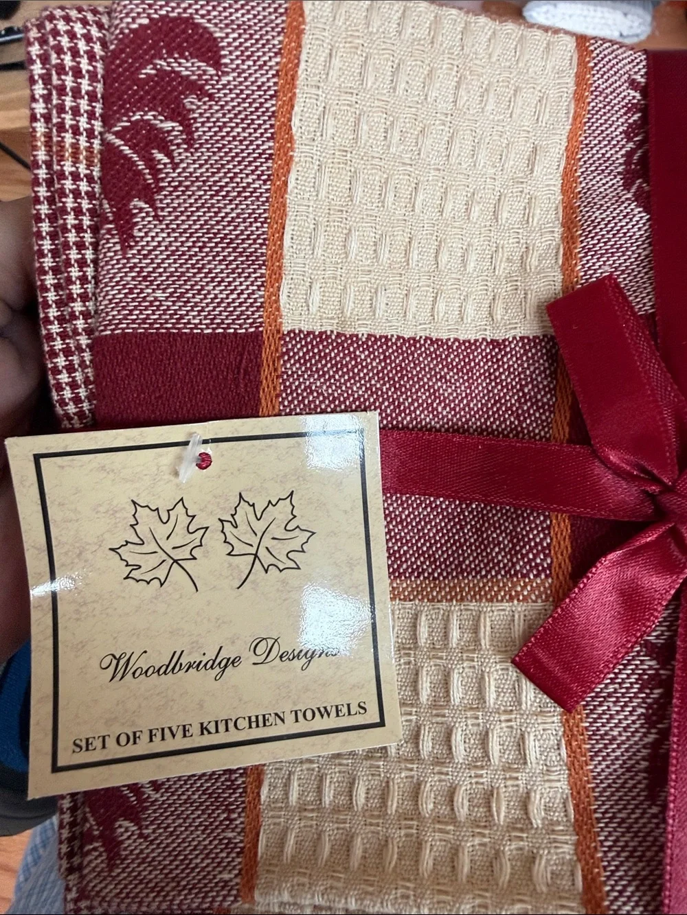 Cotton Kitchen Towel Set - Burgundy & Cream set of 5